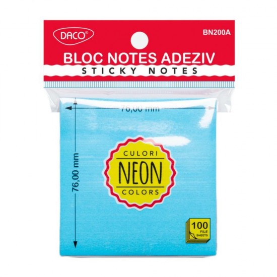 Bloc Notes Adeziv Albastru Neon Daco, Dimensiune 76x76 mm, 100 File