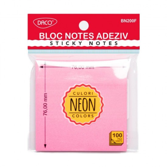 Bloc Notes Adeziv Fucsia Neon Daco, Dimensiune 76x76 mm, 100 File