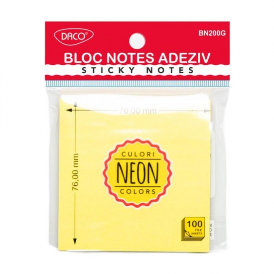 Bloc Notes Adeziv Galben Neon Daco, Dimensiune 76x76 mm, 100 File