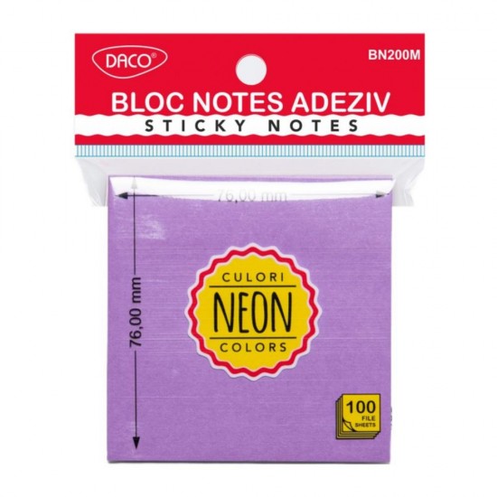 Bloc Notes Adeziv Mov Neon Daco, Dimensiune 76x76 mm, 100 File