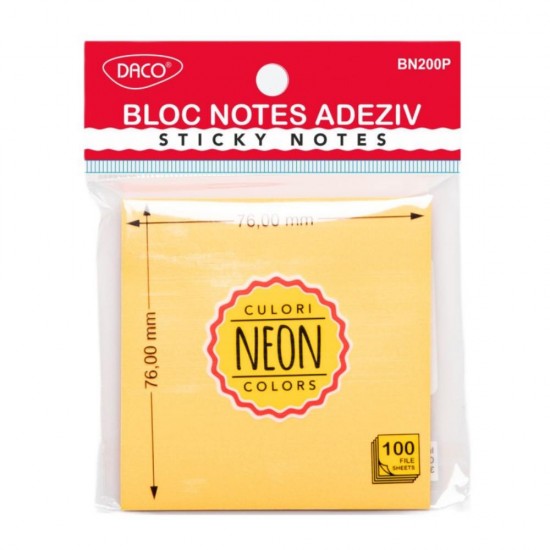 Bloc Notes Adeziv Portocaliu Neon Daco, Dimensiune 76x76 mm, 100 File