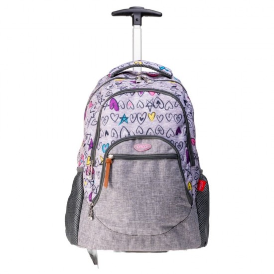 Ghiozdan Troler Daco, Dimensiuni 44.5x31.5x15 cm, Model Inimi, Bretele cu Burete Reglabile, Material Poliester, Culoare Gri