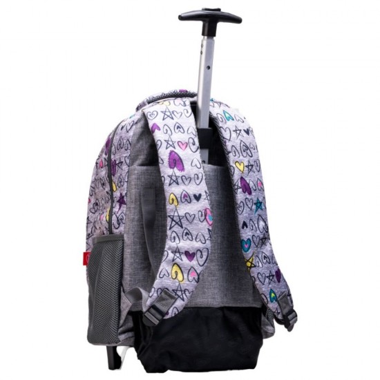 Ghiozdan Troler Daco, Dimensiuni 44.5x31.5x15 cm, Model Inimi, Bretele cu Burete Reglabile, Material Poliester, Culoare Gri