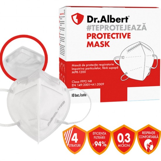 Masca Medicala Dr Albert MPR-1200, 10 Buc/Set, Tip FFP2 cu 4 Straturi, Culoare Alb