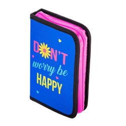Penar Echipat Daco cu Fermoar, Model Don't Worry, Be Happy, Dimensiuni 19.5x13x4 cm, Culoare Albastru/Roz