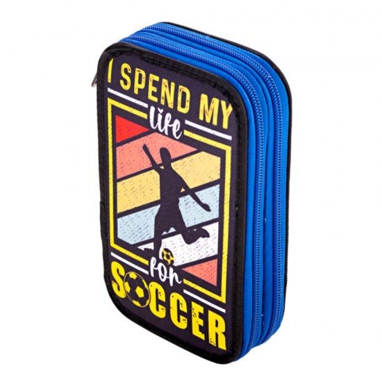 Penar Neechipat Daco cu 2 Fermoare, Model I Spend My Life For Soccer, Dimensiuni 19.5x13x5 cm, Material Poliester, Culoare Negru/Albastru