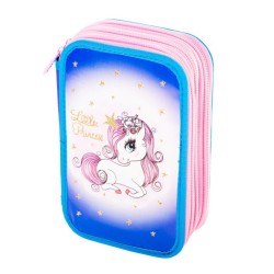 Penar Echipat Daco cu 3 Fermoare, Model Little Princess, Dimensiuni 19.5x13x7.5 cm, Material Poliester, Culoare Roz/Albastru