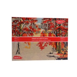 Panza Pictura Daco pe Numere, Material Bumbac, Dimensiune 30x40 cm, Gramaj 280 g/m², 24 Culori Acrilice si 3 Pensule Incluse in Set, Model Peisaj de Toamna