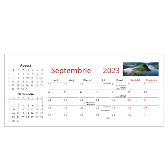 Calendar de Birou PEISAJE, 13 Pagini Format 23X14.5 cm, Carton 150 g DCM, Carton Suport 350g/m2, Tipar 2 Culori, Spira Metalica, Suprafata Imprimabila 23x4 cm