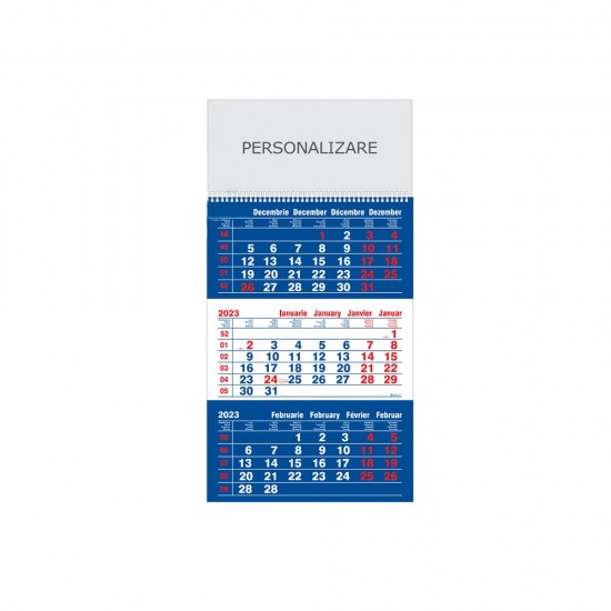 Calendar de Perete Triptic Standard + Cursor Selectare, 12 Pagini, Format 32 x 48 cm, Carton 115 g DCM, Tipar 2 Culori, Spira Metalica, Suprafata Imprimabila 32 x 15,5 cm