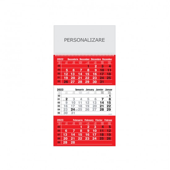 Calendar de Perete Triptic Standard + Cursor Selectare, 12 Pagini, Format 32x48 cm, Carton 115 g DCM, Tipar 2 Culori, Spira Metalica, Suprafata Imprimabila 32 x 15,5 cm, Fundal Calendar Rosu