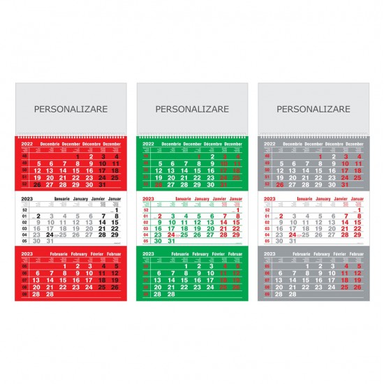 Calendar de Perete Triptic Standard + Cursor Selectare, 12 Pagini, Format 32x48 cm, Carton 115 g DCM, Tipar 2 Culori, Spira Metalica, Suprafata Imprimabila 32 x 15,5 cm, Fundal Calendar Verde