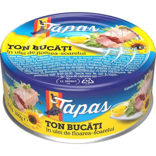 Ton in Ulei de Floarea Soarelui Tapas, 160 g