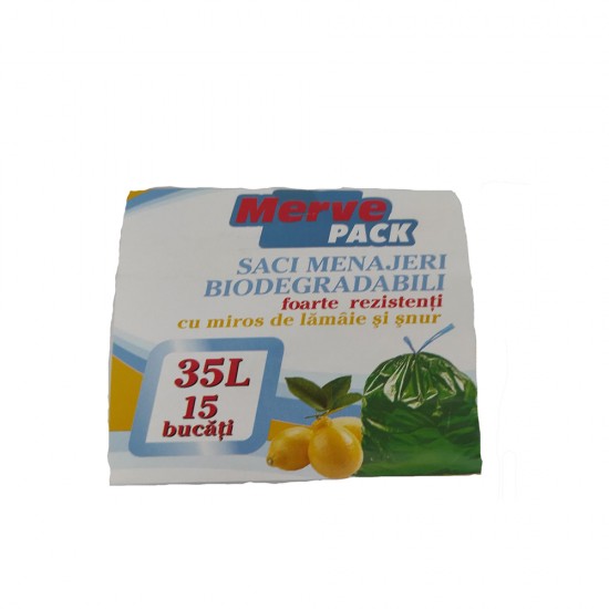 Saci Menajeri Merve, Biodegradabili cu Miros de Lamaie si Snur, 35 L, 15 Buc/Rola