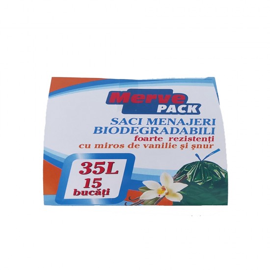 Saci Menajeri Merve, Biodegradabili cu Miros de Vanilie si Snur, 35 L, 15 Buc/Rola