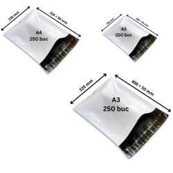 Set 750 Pungi Curierat Profesional (A3, A4 Si A5), Dimensiuni 250 Buc A3 (320 x 400), 250 Buc A4 (230 x 320), 250 Buc A5 (180 x 250), Fara Buzunar AWB, cu o Banda de Sigilare Permanenta