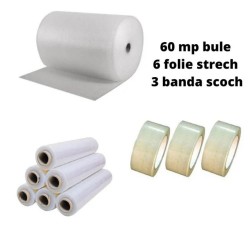 Pachet Folie cu Bule, Dimensiune 60cm x 100m, 60g/m² + 3 Role Scotch + 6 Stretch in 2 Straturi Pachet Folie cu Bule, Dimensiune 60cm x 100m, 60g/m² + 3 Role Scotch + 6 Stretch in 2 Straturi