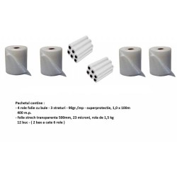 Pachet Stretch Economic Contine 4 Role de Folie cu Bule de 3 Straturi, Dimensiuni 1m x 100 m + 12 Role Stretch Transparent, 23 MIC grosime, Latime 500 mm