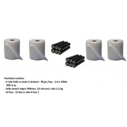 Pachet Stretch Negru Economy Contine 4 Role de Folie cu Bule de 3 Straturi, Dimensiuni 1m x 100m + 12 Role Stretch Negru, 23 MIC Grosime, Latime 500 mm