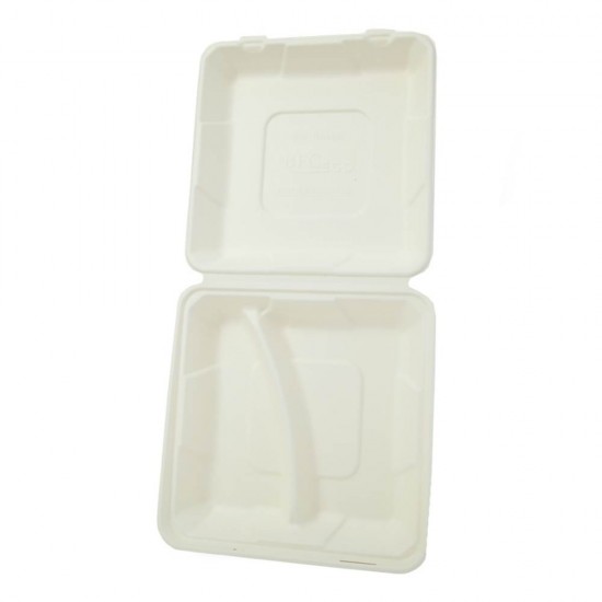 Set 200 Caserole Biodegradabile cu Capac pentru Meniu din Fibra Lemnoasa, Dimensiune 245x245x75 mm, 2 Compartimente