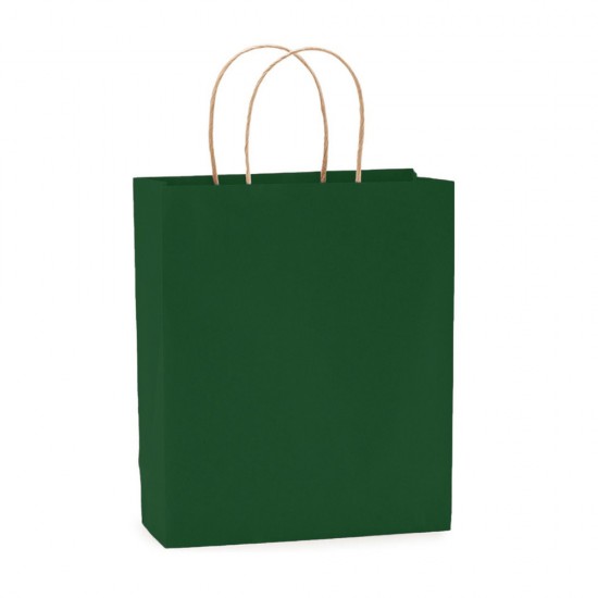 Set 100 de Sacose din Hartie Model Verde Inchis, 22x10x31 cm, Hartie Kraft Alba 90 g/m² + Maner Sfoara
