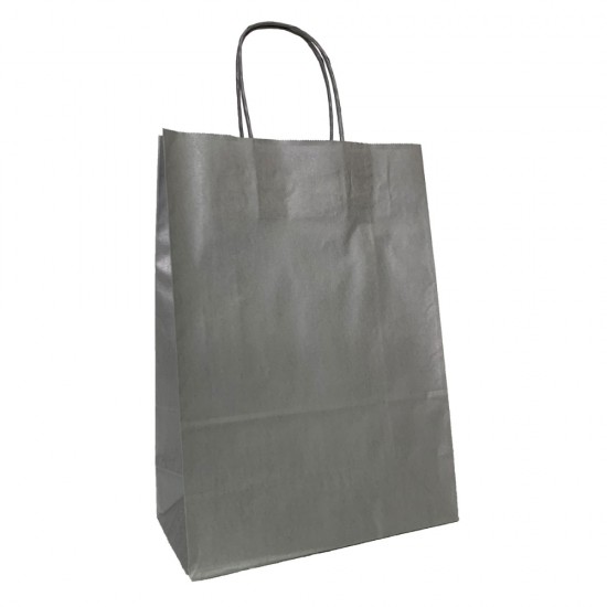 Set 100 de Sacose din Hartie Model Argintiu, 26x12x35 cm, Hartie Kraft Alba 90 g/m², Maner Sfoara