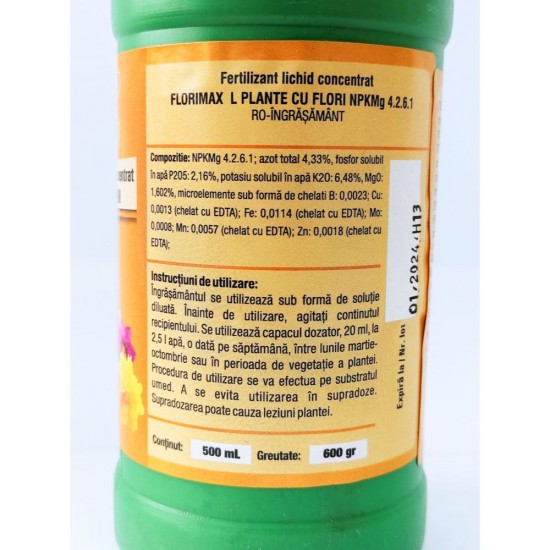 Fertilizant Florimax Lichid Concentrat Pentru Plante cu Flori, Cantitate 500 ml