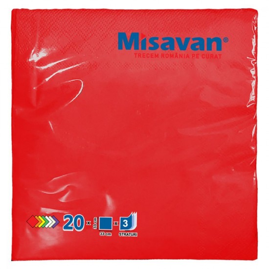 Servetele de Masa Misavan in 3 Straturi, Dimensiune 330x330 mm, 20 Buc/Set, Culoare Rosu
