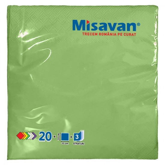 Servetele de Masa Misavan in 3 Straturi, Dimensiune 330x330 mm, 20 Buc/Set, Culoare Verde Fistic