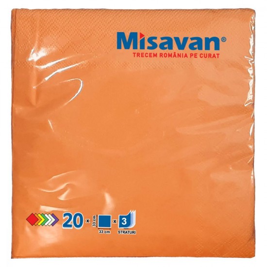 Servetele de Masa Misavan in 3 Straturi, Dimensiune 330x330 mm, 20 Buc/Set, Culoare Somon