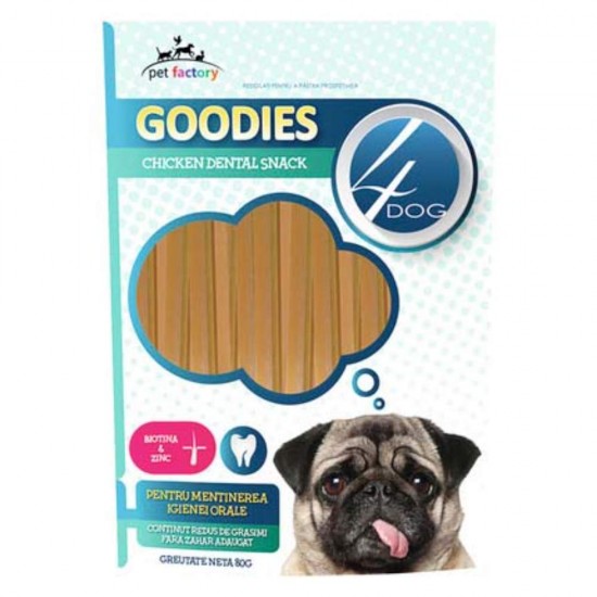Recompensa pentru Caini Goodies Dental Stick 4 Dog cu Pui si Biotina, 80 g