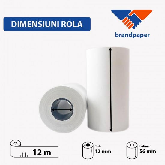 Set 10 Role Termice ROLLIS, 56mm x 12m, Hartie Termica 48 g/m² fara Bisfenol A (BPA), Tub 12 mm