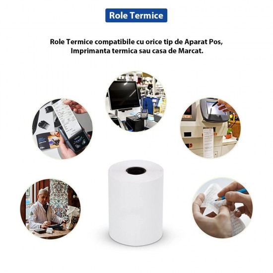 Set 10 Role Termice ROLLIS, 56mm x 40m, Hartie Termica 48 g/m² fara Bisfenol A (BPA), Tub 12 mm