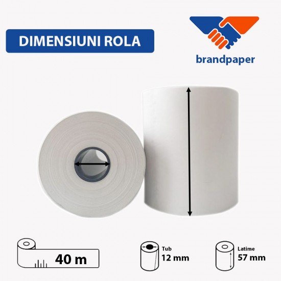 Set 10 Role Termice ROLLIS, 57mm x 40m, Hartie Termica 48 g/m² fara Bisfenol A (BPA), Tub 12 mm