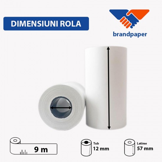 Set 10 Role Termice ROLLIS, 57mm x 9m, Hartie Termica 48 g/m² fara Bisfenol A (BPA), Tub 12 mm