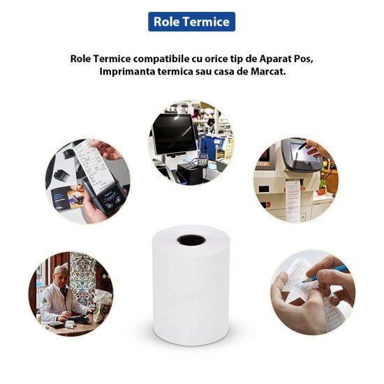 Set 8 Role Termice ROLLIS, 79mm x 80m, Hartie Termica 48 g/m² fara Bisfenol A (BPA), Tub 12 mm