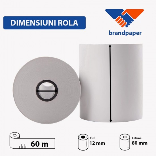 Set 10 Role Termice ROLLIS, 80mm x 60m, Hartie Termica 48 g/m² fara Bisfenol A (BPA), Tub 12 mm