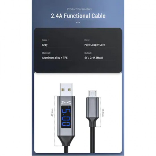 Cablu de Date Micro-USB, cu Afisare Amperaj si Voltaj, 1 Metru, Negru, USB la Micro-USB