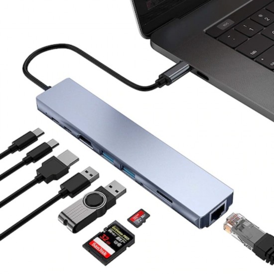 Adaptor Docking Station 8 in 1, Port USB-C in Ethernet Port, 3 Porturi USB, 4K USB-C, Argintiu