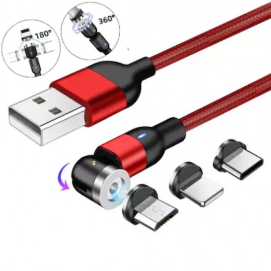 Cablu de Incarcare Rosu 3 in 1 cu Conector Magnetic Rotatie la 540°, Incarcare 5V 2.4A, 1 Metru, Conector pentru IOS/Android/USB-C, Led Albastru
