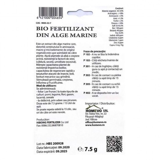 Homevo Bio Fertilizant Universal din Alge Marine, 7.5 g