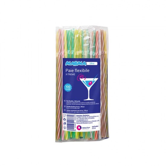 Set 100 Paie Flexibile, 240x5 mm, Linii Spiralate, Diverse Culori Fluorescente, Paie de Baut din Plastic, Paie Plastic pentru Sucuri, Paie de Baut pentru Bar, Paie din Plastic, Paie Catering, Paie pentru Petreceri, Accesorii pentru Bar