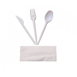 Set Tacamuri Biodegradabile din CPLA, Furculita, Lingura, Cutit, Servetel, Albe Set Tacamuri Biodegradabile din CPLA, Furculita, Lingura, Cutit, Servetel, Albe