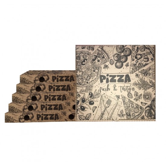 Set 500 Cutii Pizza Natur Corolla Packaging, 28x3.5x28 Cm, Model Pizza Fresh & Tasty, Ambalaje din Carton, Ambalaje pentru Pizza, Set de Cutii Natur, Set de Cutii Natur pentru Pizza, Seturi de Cutii Pizza