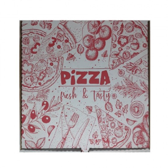 Cutii Pizza Albe, Model Pizza Fresh & Tasty, Dimensiune 32x3.5x32 cm, 100 Buc/Bax, Ambalaje din Carton, Ambalaj pentru Pizza, Ambalaje pentru Pizza, Cutii de Pizza, Cutii pentru Pizza, Cutii Pizza cu Model, Cutii Albe Pizza 