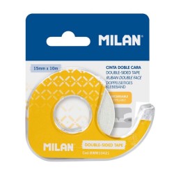 Banda Adeziva Dubla MILAN cu Suport, 15mm x 10m, Transparenta, Scotch Dublu Transparent, Dispenser cu Banda Adeziva, Banda Dubla Adeziva, Banda Adeziva Birou cu Dispenser, Scotch de Birou cu Display