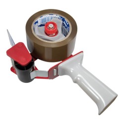 Dispenser Banda Adeziva MILAN, Plastic, Alb/Rosu, Derulator Banda Adeziva, Dispensere Banda Adeziva pentru Sigilarea Cutiilor, Dispenser Role Banda Scotch pentru Sigilare Cutii Carton, Dispenser Banda Adeziva pentru Ambalare