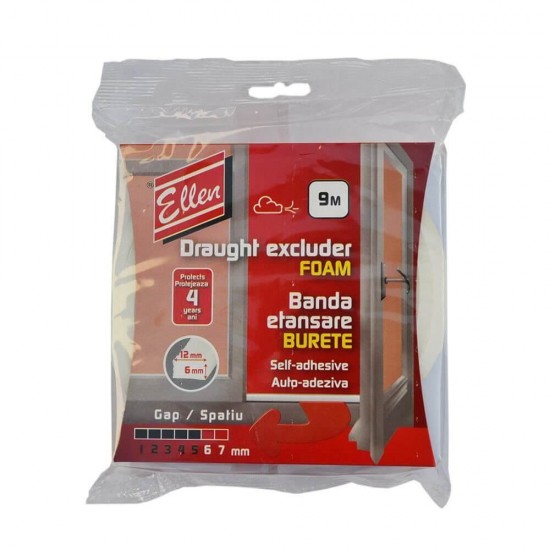 Banda din Burete ELLEN, 12x6 mm, Lungime 9 m, Alba, Banda Adeziva, Banda din Burete, Banda Adeziva din Burete, Banda Burete ELLEN, Banda Burete Izolare, Banda Burete Autoadeziva