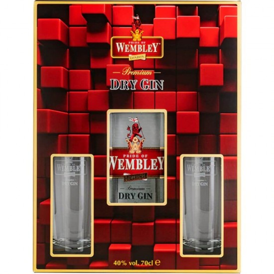 Pachet Gin cu Doua Pahare Wembley Dry Gin, 0.7L, Pachet Cadou Bautura cu Pahare Wembley Dry Gin, Set Sticla de Gin cu Pahare Wembley Dry Gin, Ginuri Wembley, Bauturi Wembley Dry Gin, Bauturi cu Alcool, Sticla de Gin Wembley Dry Gin 0.7l