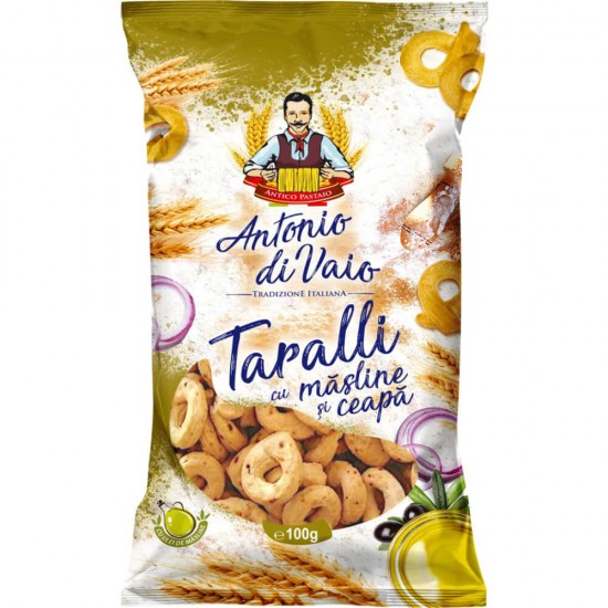 Covrigei cu Masline si Ceapa Antonio Di Vaio Taralli, 100 g, Covrigi, Covrigi Clasici, Covrigi Antonio Di Vaio Taralli, Covrigi Mici, Covrigi cu Sare, Covrigi Crocanti, Covrigi din Grau, Covrigi din Grau cu Masline, Pungi cu Covrigi, Cogrivi Italienesti